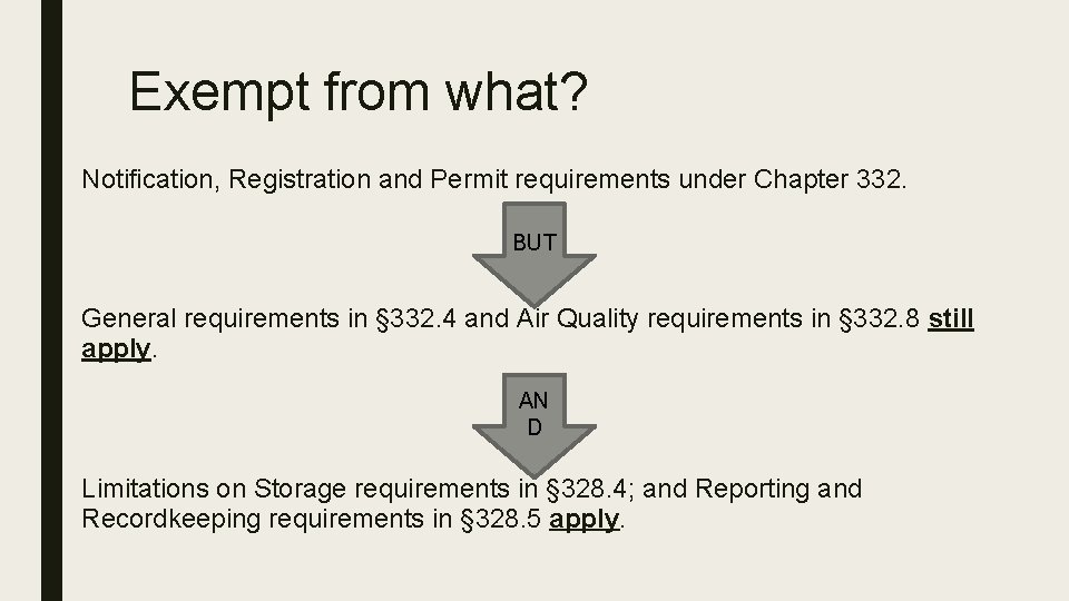 Exempt from what? Notification, Registration and Permit requirements under Chapter 332. BUT General requirements
