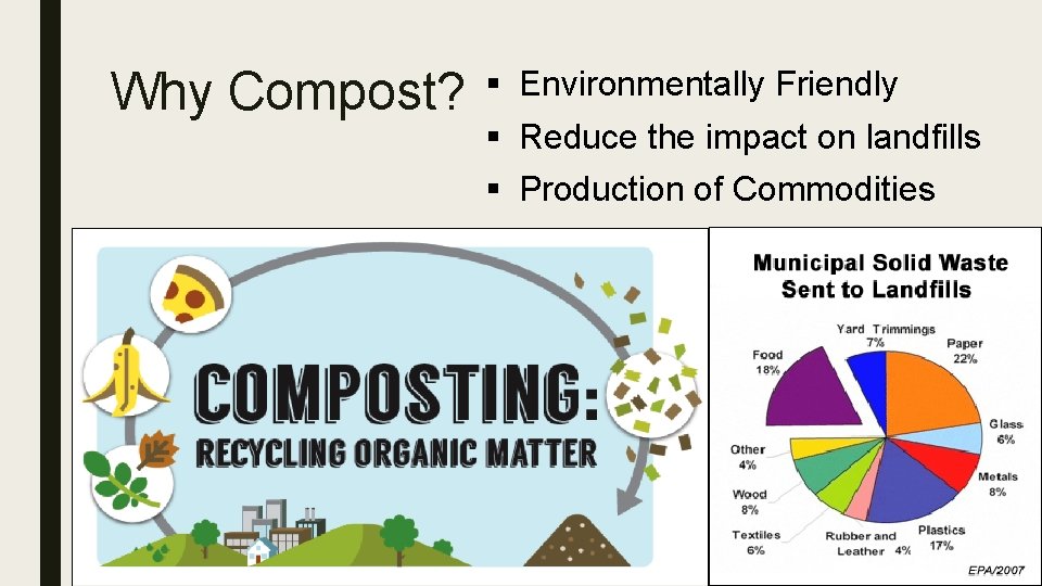 Why Compost? § Environmentally Friendly § Reduce the impact on landfills § Production of