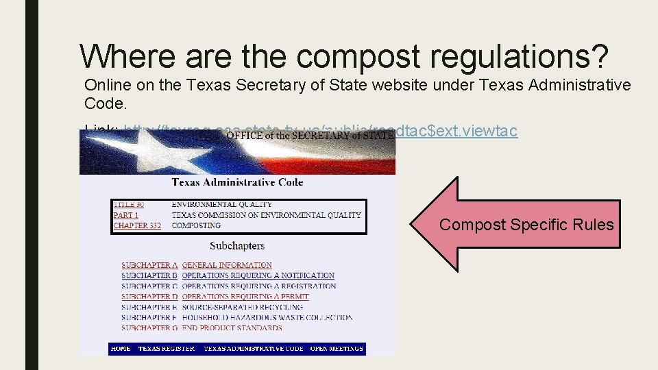 Where are the compost regulations? Online on the Texas Secretary of State website under