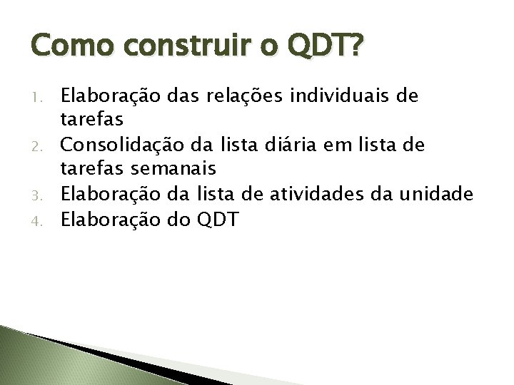 Como construir o QDT? 1. 2. 3. 4. Elaboração das relações individuais de tarefas