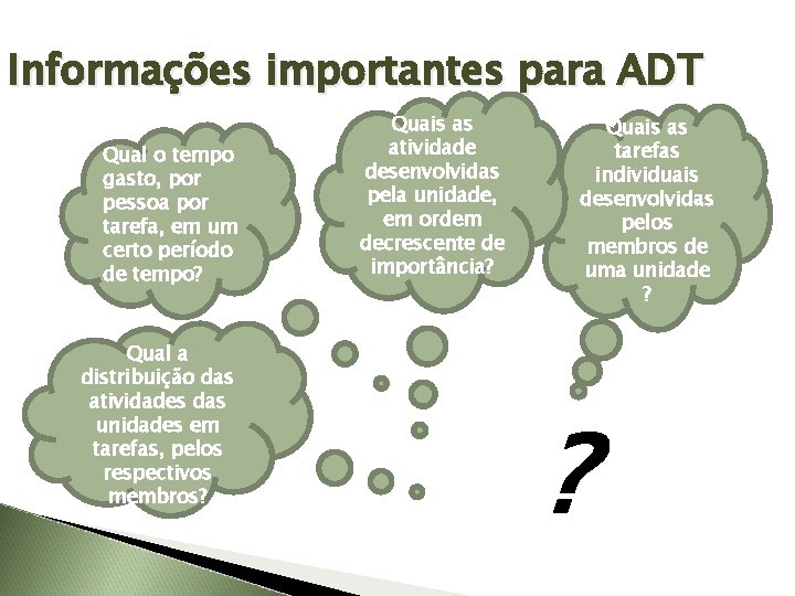 Informações importantes para ADT Qual o tempo gasto, por pessoa por tarefa, em um