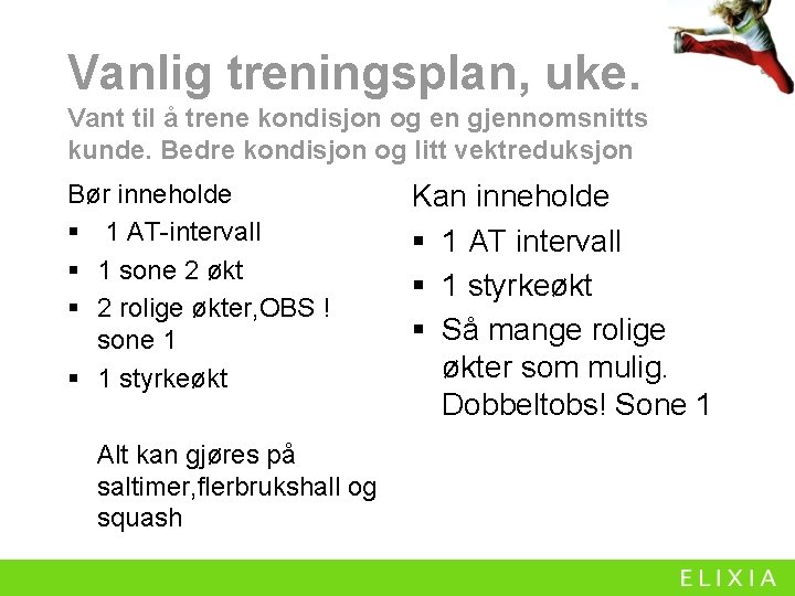 Vanlig treningsplan, uke. Vant til å trene kondisjon og en gjennomsnitts kunde. Bedre kondisjon