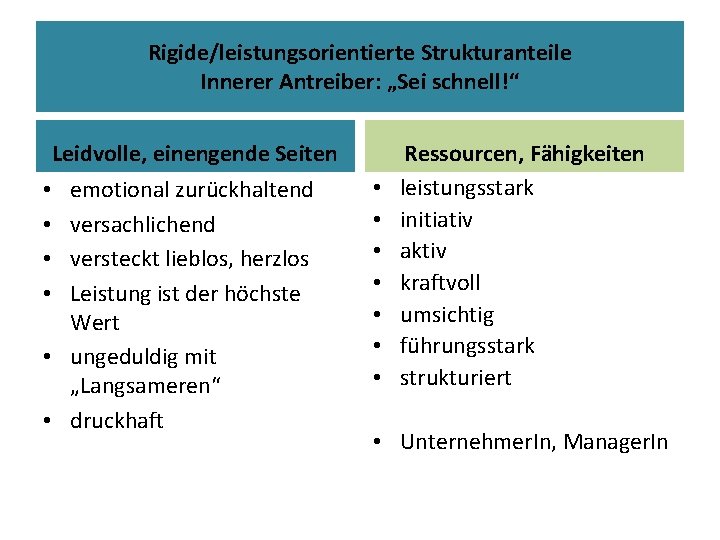 Rigide/leistungsorientierte Strukturanteile Innerer Antreiber: „Sei schnell!“ Leidvolle, einengende Seiten emotional zurückhaltend versachlichend versteckt lieblos,