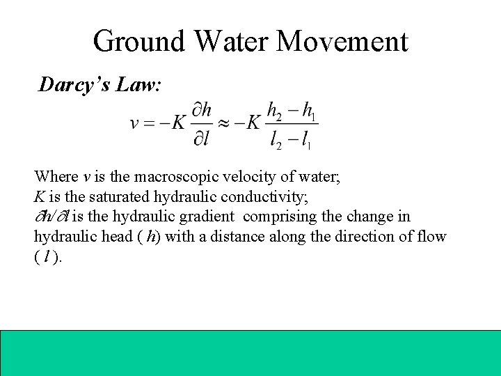 Ground Water Movement Darcy’s Law: Where ν is the macroscopic velocity of water; K