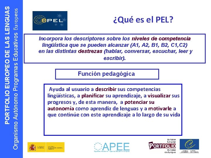 PORTFOLIO EUROPEO DE LAS LENGUAS Organismo Autónomo Programas Educativos Europeos ¿Qué es el PEL?