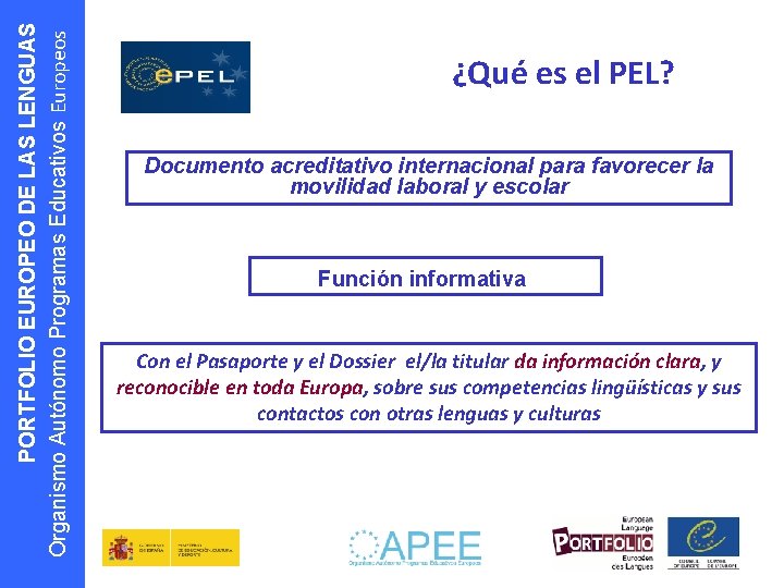 PORTFOLIO EUROPEO DE LAS LENGUAS Organismo Autónomo Programas Educativos Europeos ¿Qué es el PEL?