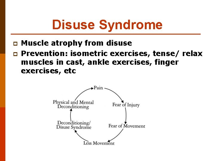 Disuse Syndrome p p Muscle atrophy from disuse Prevention: isometric exercises, tense/ relax muscles