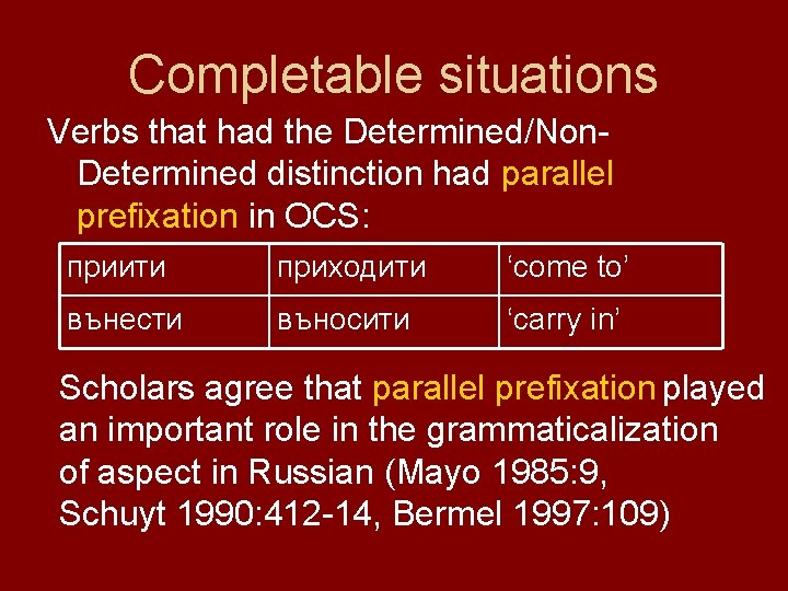 Completable situations Verbs that had the Determined/Non. Determined distinction had parallel prefixation in OCS: