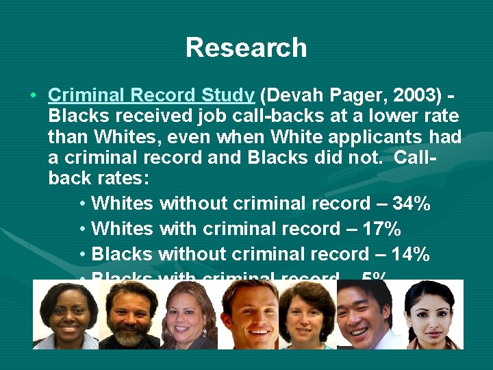 Research • Criminal Record Study (Devah Pager, 2003) Blacks received job call-backs at a