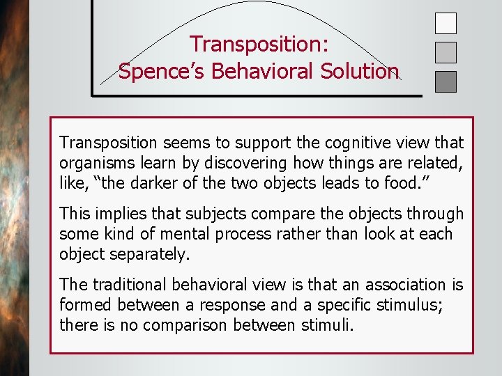 Transposition: Spence’s Behavioral Solution Transposition seems to support the cognitive view that organisms learn