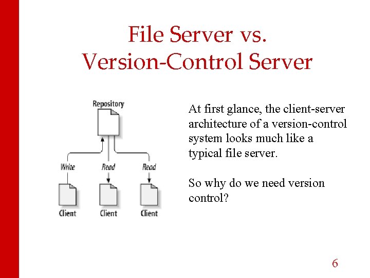 File Server vs. Version-Control Server At first glance, the client-server architecture of a version-control