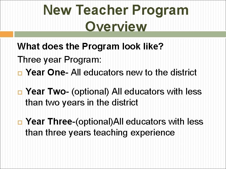 New Teacher Program Overview What does the Program look like? Three year Program: Year New Teacher Program Overview What does the Program look like? Three year Program: Year
