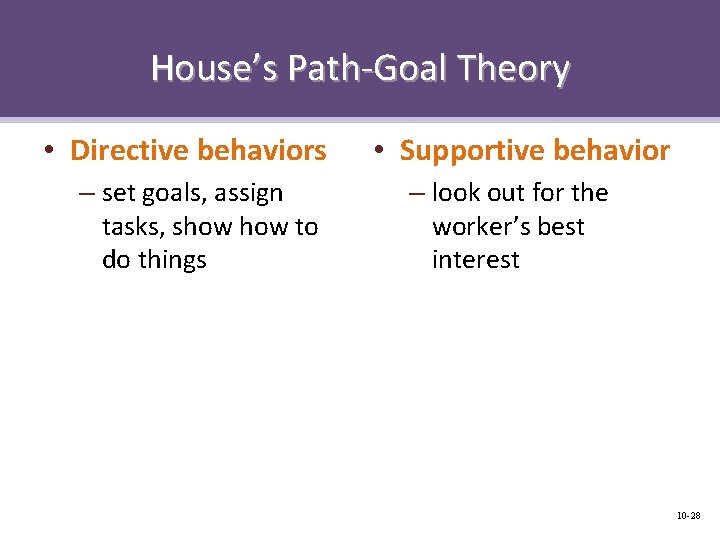 House’s Path-Goal Theory • Directive behaviors – set goals, assign tasks, show to do