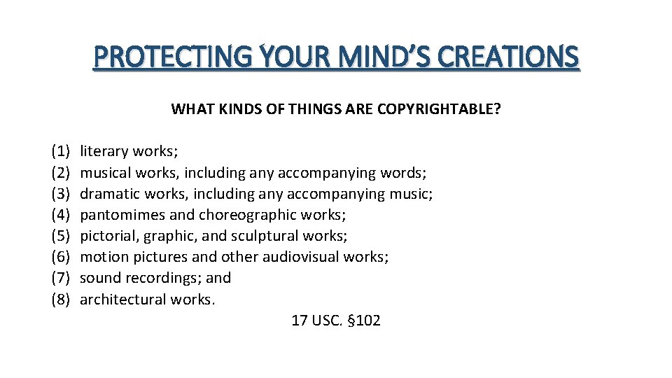 PROTECTING YOUR MIND’S CREATIONS WHAT KINDS OF THINGS ARE COPYRIGHTABLE? (1) (2) (3) (4)