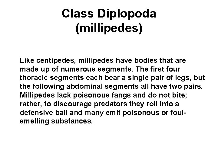 Class Diplopoda (millipedes) Like centipedes, millipedes have bodies that are made up of numerous