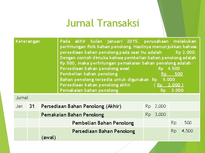 Jurnal Transaksi Keterangan Pada akhir bulan januari 2015, perusahaan melakukan perhitungan fisik bahan penolong.