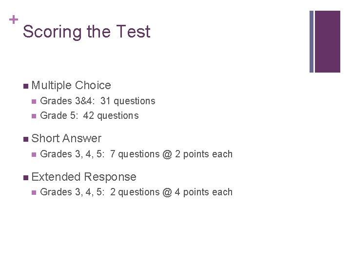 + Scoring the Test n Multiple Choice n Grades 3&4: 31 questions n Grade