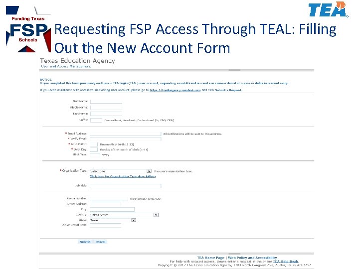 Requesting FSP Access Through TEAL: Filling Out the New Account Form 
