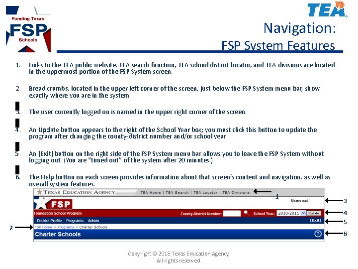 Navigation: FSP System Features 1. Links to the TEA public website, TEA search function,