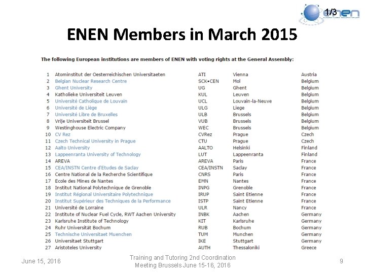 1/3 ENEN Members in March 2015 June 15, 2016 Training and Tutoring 2 nd