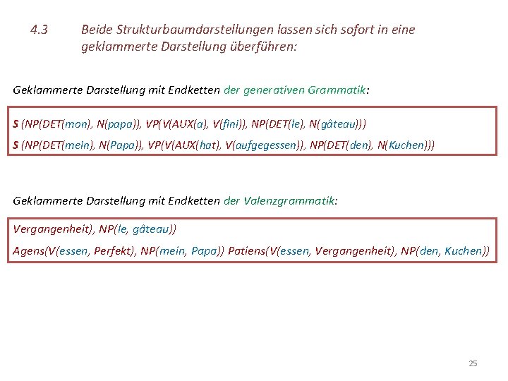4. 3 Beide Strukturbaumdarstellungen lassen sich sofort in eine geklammerte Darstellung überführen: Geklammerte Darstellung