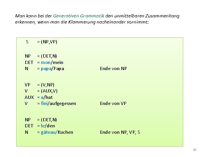 Man kann bei der Generativen Grammatik den unmittelbaren Zusammenhang erkennen, wenn man die Klammerung