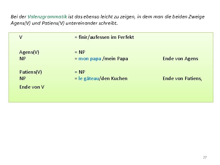 Bei der Valenzgrammatik ist das ebenso leicht zu zeigen, in dem man die beiden
