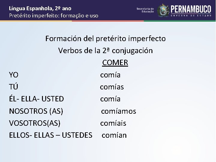 Língua Espanhola, 2º ano Pretérito imperfeito: formação e uso Formación del pretérito imperfecto Verbos