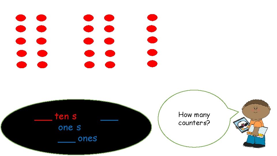 ___ ten(s) and ___ one(s) is ___ ones How many counters? 