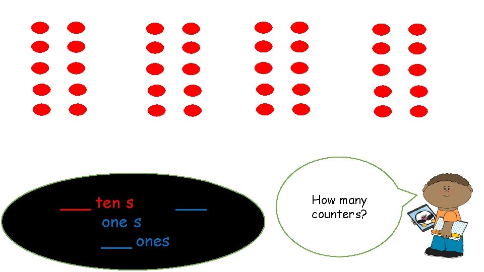 ___ ten(s) and ___ one(s) is ___ ones How many counters? 