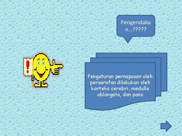 Pengendalia n…? ? ? Pengaturan pernapasan oleh persarafan dilakukan oleh korteks cerebri, medulla oblongata, Pengendalia n…? ? ? Pengaturan pernapasan oleh persarafan dilakukan oleh korteks cerebri, medulla oblongata,