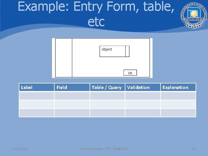 Example: Entry Form, table, etc Label 11/5/2020 Field Table / Query Validation Interface Design