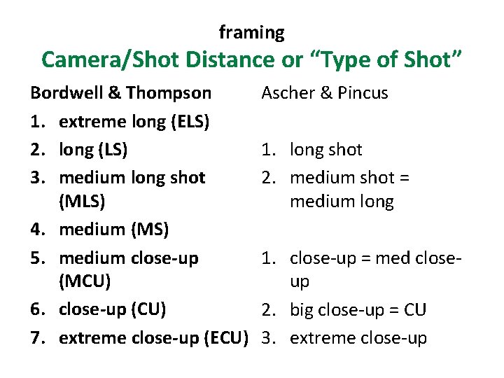 framing Camera/Shot Distance or “Type of Shot” Bordwell & Thompson 1. extreme long (ELS)