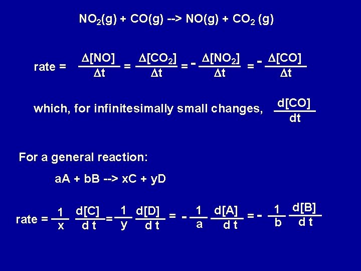 NO 2(g) + CO(g) --> NO(g) + CO 2 (g) rate = D[NO] D[CO