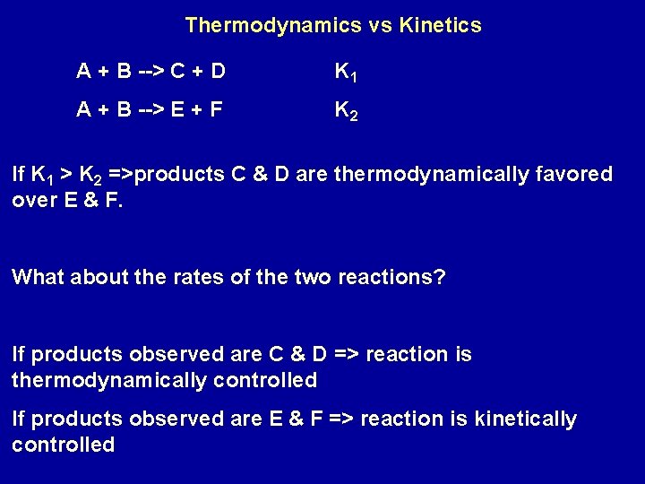 Thermodynamics vs Kinetics A + B --> C + D K 1 A +