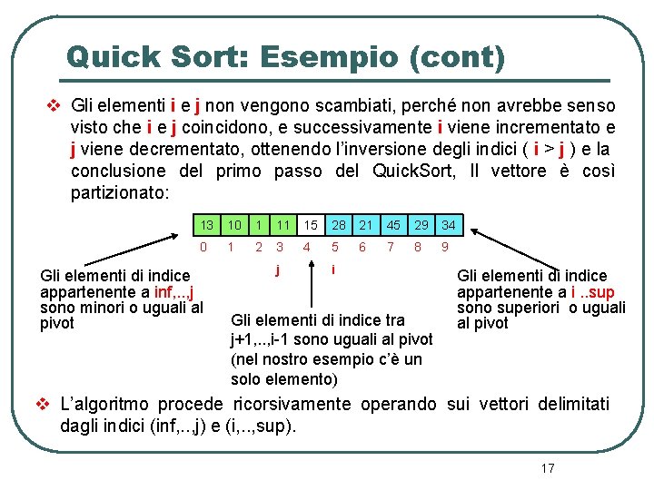 Quick Sort: Esempio (cont) v Gli elementi i e j non vengono scambiati, perché