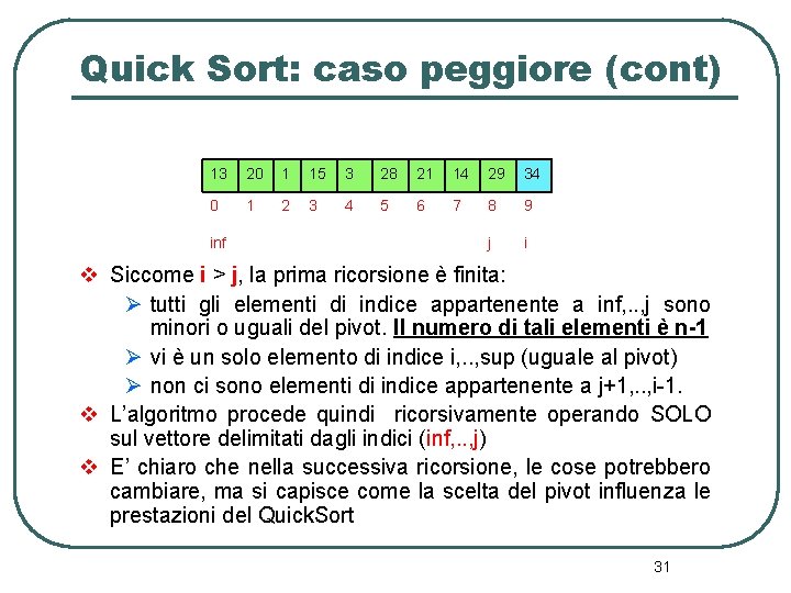 Quick Sort: caso peggiore (cont) 13 20 1 15 3 28 21 14 29