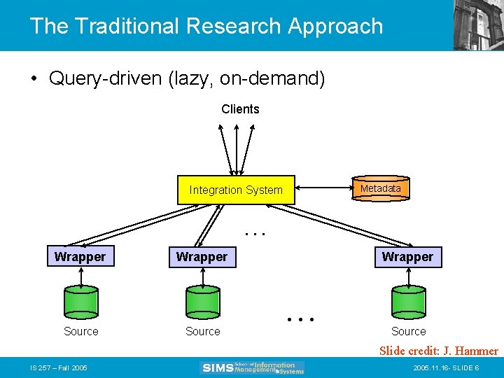 The Traditional Research Approach • Query-driven (lazy, on-demand) Clients Metadata Integration System . .