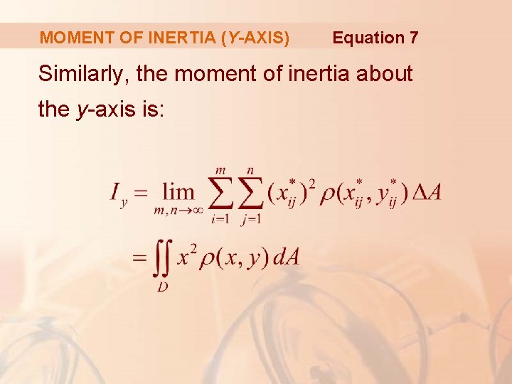 MOMENT OF INERTIA (Y-AXIS) Equation 7 Similarly, the moment of inertia about the y-axis