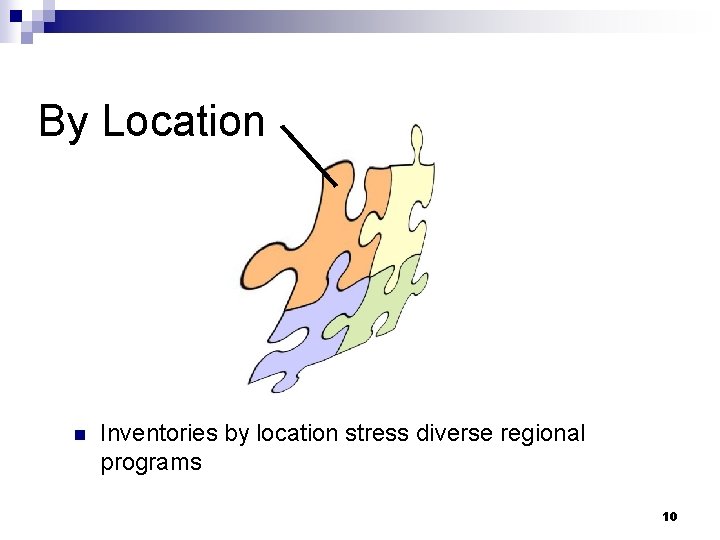 By Location n Inventories by location stress diverse regional programs 10 