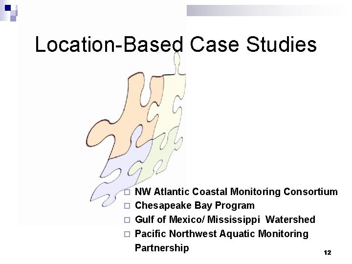 Location-Based Case Studies NW Atlantic Coastal Monitoring Consortium ¨ Chesapeake Bay Program ¨ Gulf