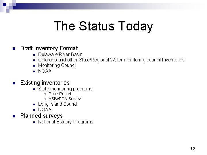 The Status Today n Draft Inventory Format n n n Delaware River Basin Colorado