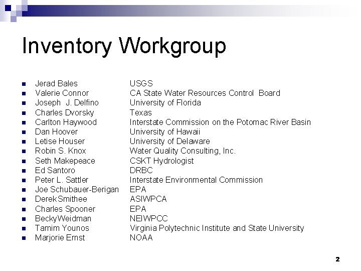 Inventory Workgroup n n n n n Jerad Bales Valerie Connor Joseph J. Delfino