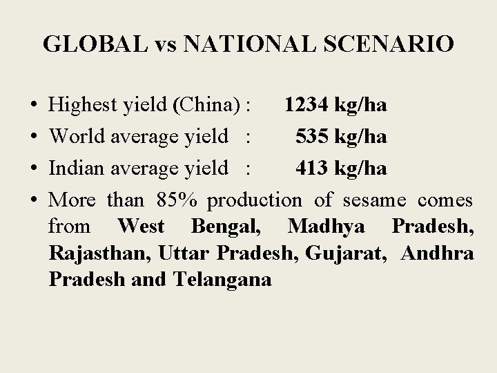 GLOBAL vs NATIONAL SCENARIO • • Highest yield (China) : 1234 kg/ha World average