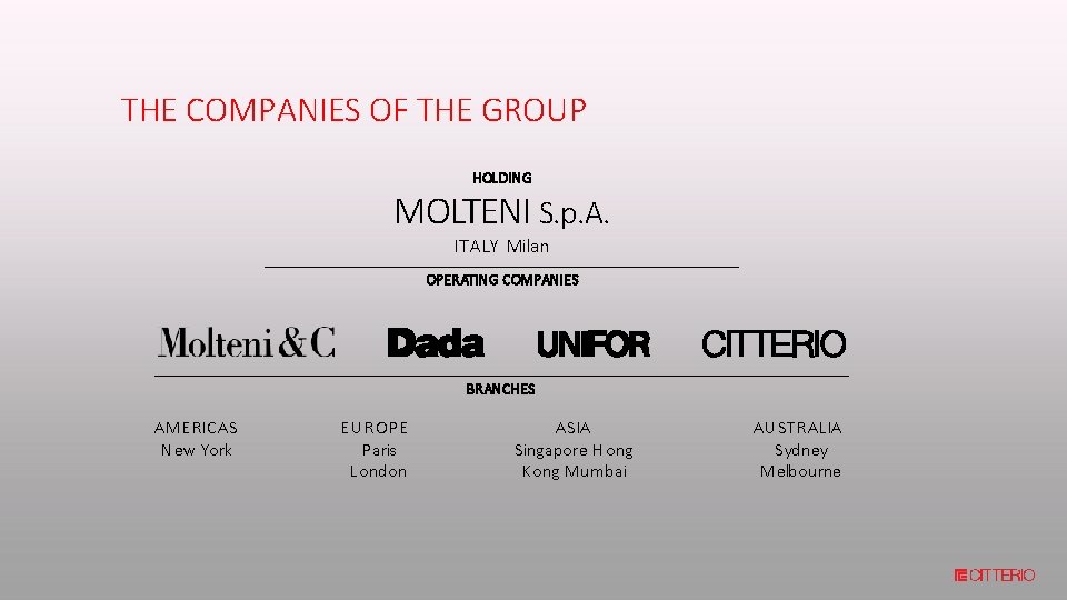 THE COMPANIES OF THE GROUP HOLDING MOLTENI S. p. A. ITALY Milan OPERATING COMPANIES