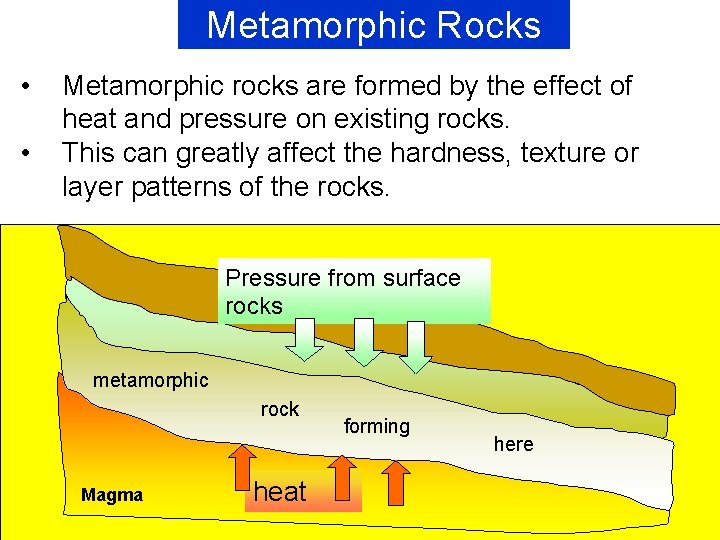 Metamorphic Rocks • • Metamorphic rocks are formed by the effect of heat and