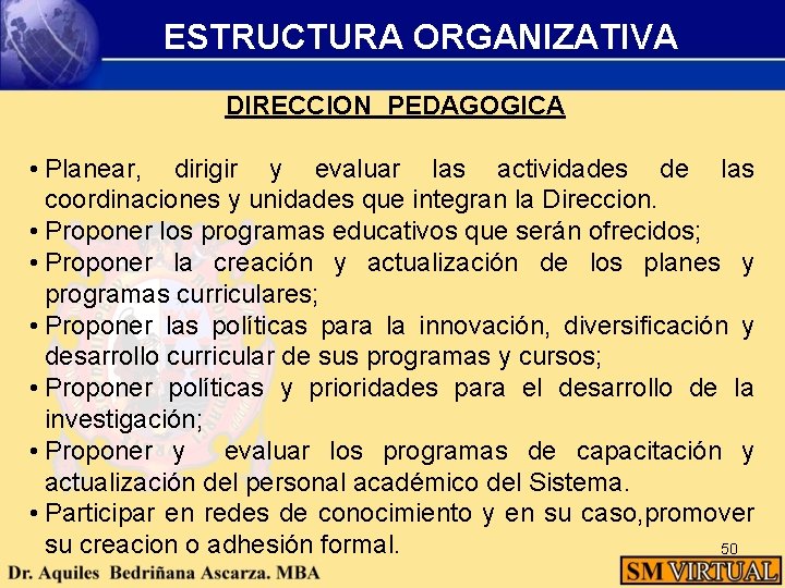 ESTRUCTURA ORGANIZATIVA DIRECCION PEDAGOGICA • Planear, dirigir y evaluar las actividades de las coordinaciones