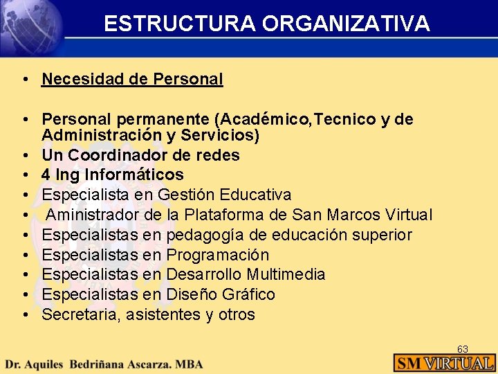 ESTRUCTURA ORGANIZATIVA • Necesidad de Personal • Personal permanente (Académico, Tecnico y de Administración