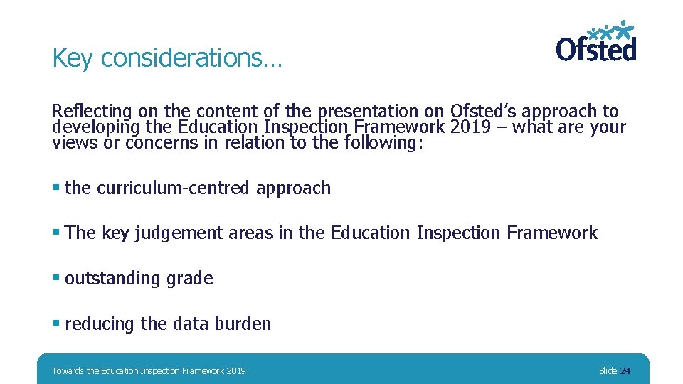 Key considerations… Reflecting on the content of the presentation on Ofsted’s approach to developing Key considerations… Reflecting on the content of the presentation on Ofsted’s approach to developing