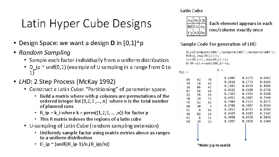 Latin Cube Latin Hyper Cube Designs • Design Space: we want a design D